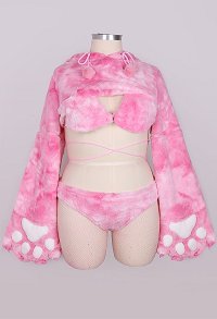 Übergrößen Sexy Pink Rosa Katze Crop Top Hoodie Lingerie Kapuzenpullover Katze Ohr Schnürung Shorts Criss Cross Rosa Dessous