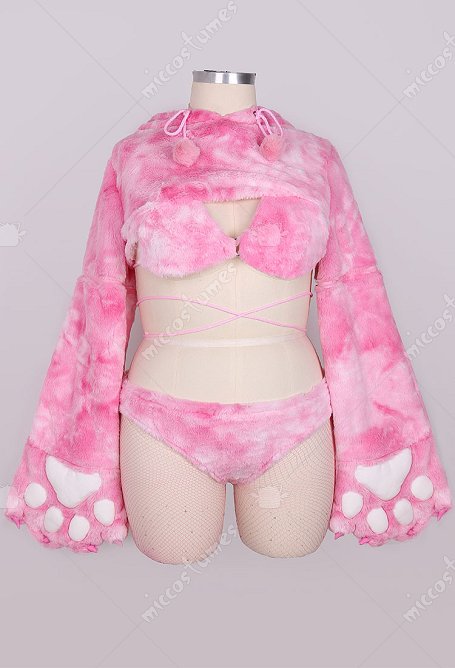 Plus Size Furry Paw Sexy Lingerie Set Pink Cat Plush Crop Hoodie with Bra Panty and Stockings