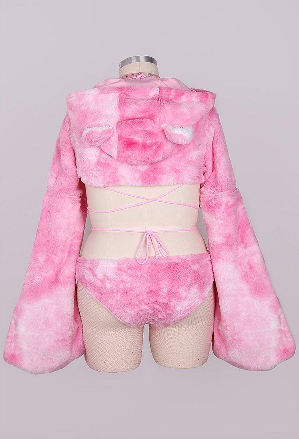 Plus Size Furry Paw Sexy Lingerie Set Pink Cat Plush Crop Hoodie with Bra Panty and Stockings
