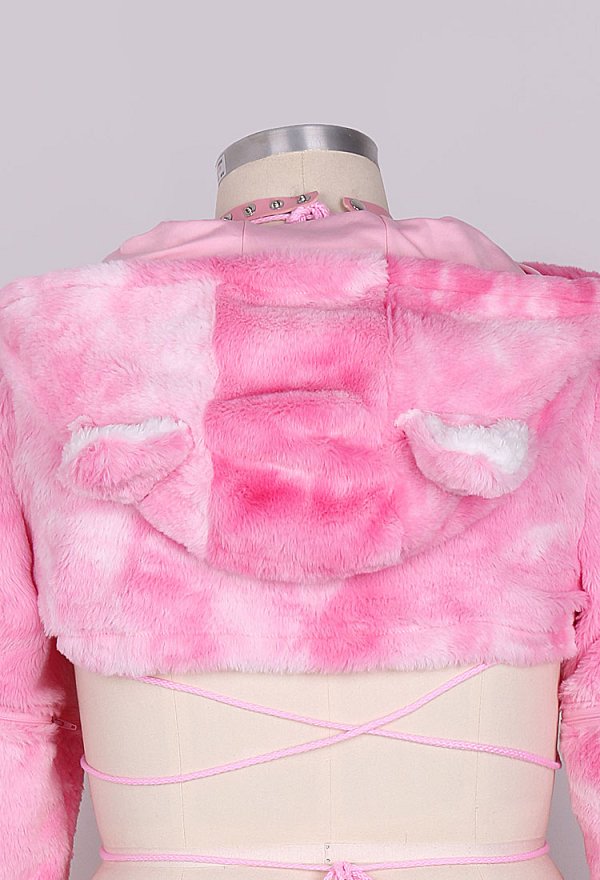 Plus Size Furry Paw Sexy Lingerie Set Pink Cat Plush Crop Hoodie with Bra Panty and Stockings