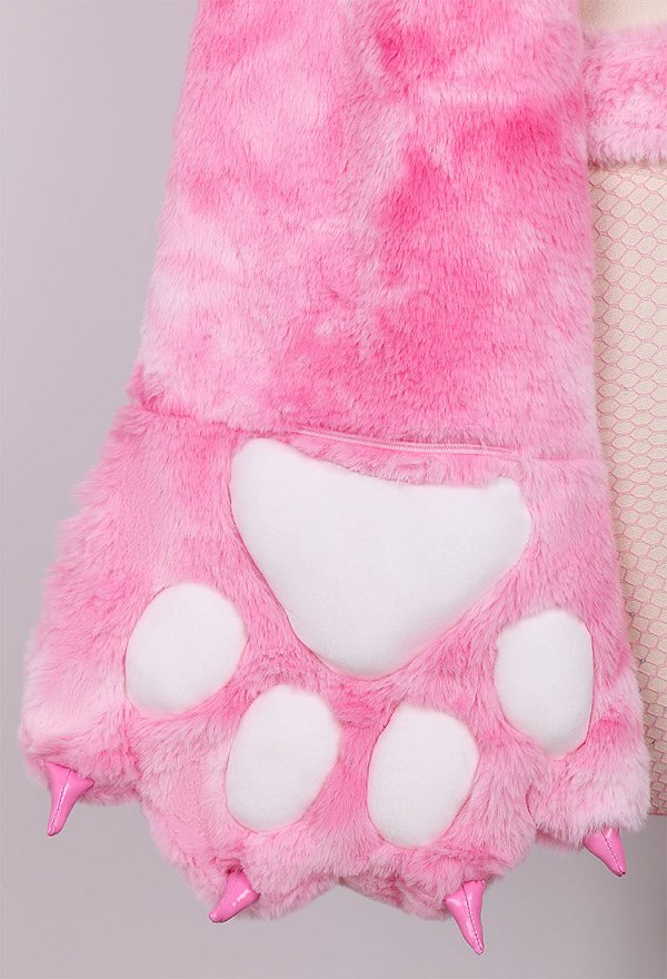 Plus Size Furry Paw Sexy Lingerie Set Pink Cat Plush Crop Hoodie with Bra Panty and Stockings