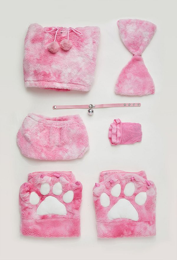 Plus Size Furry Paw Sexy Lingerie Set Pink Cat Plush Crop Hoodie with Bra Panty and Stockings