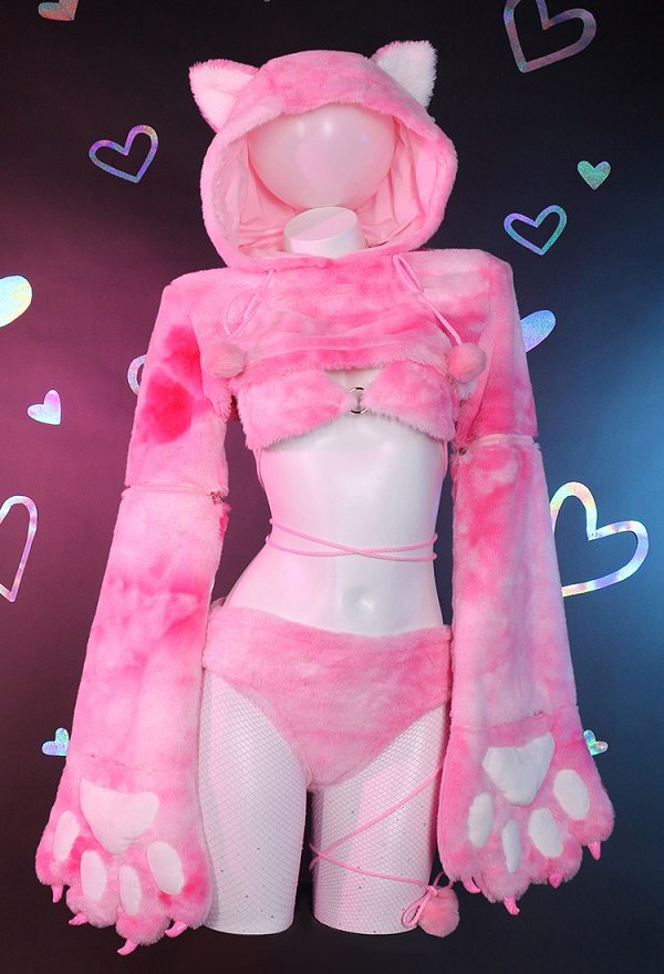 Sexy Bikini Lingerie Set Pink Cat Style Furry Top and Panty with Paws and Fishnet Stockings Sexy Bikini Lingerie Set Pink Cat Style Furry Top and Panty with Paws and Fishnet Stockings