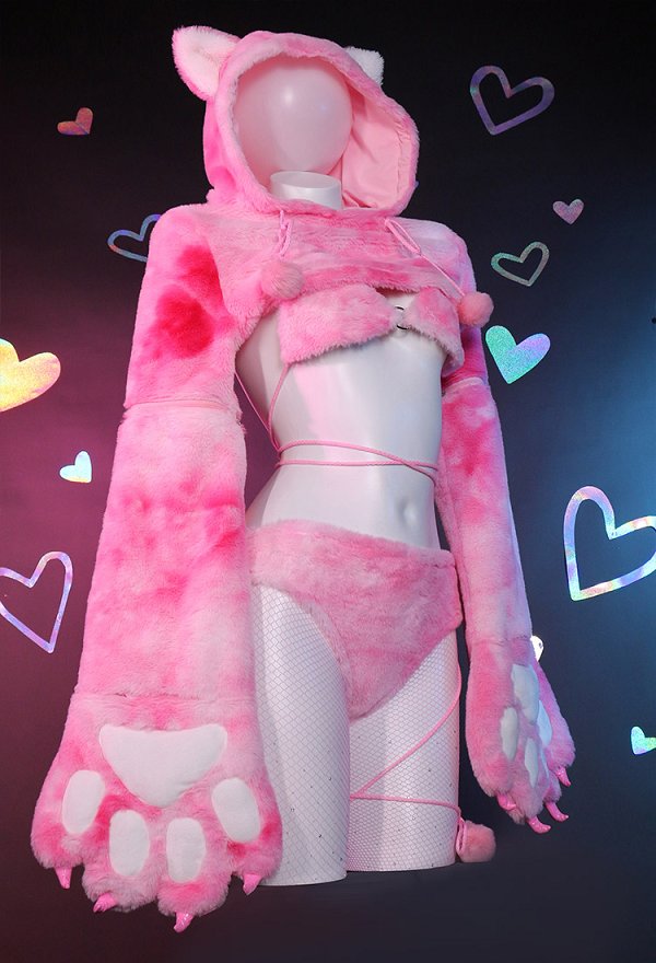 Sexy Bikini Lingerie Set Pink Cat Style Furry Top and Panty with Paws and Fishnet Stockings Sexy Bikini Lingerie Set Pink Cat Style Furry Top and Panty with Paws and Fishnet Stockings