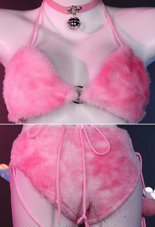 Sexy Bikini Lingerie Set Pink Cat Style Furry Top and Panty with Paws and Fishnet Stockings Sexy Bikini Lingerie Set Pink Cat Style Furry Top and Panty with Paws and Fishnet Stockings