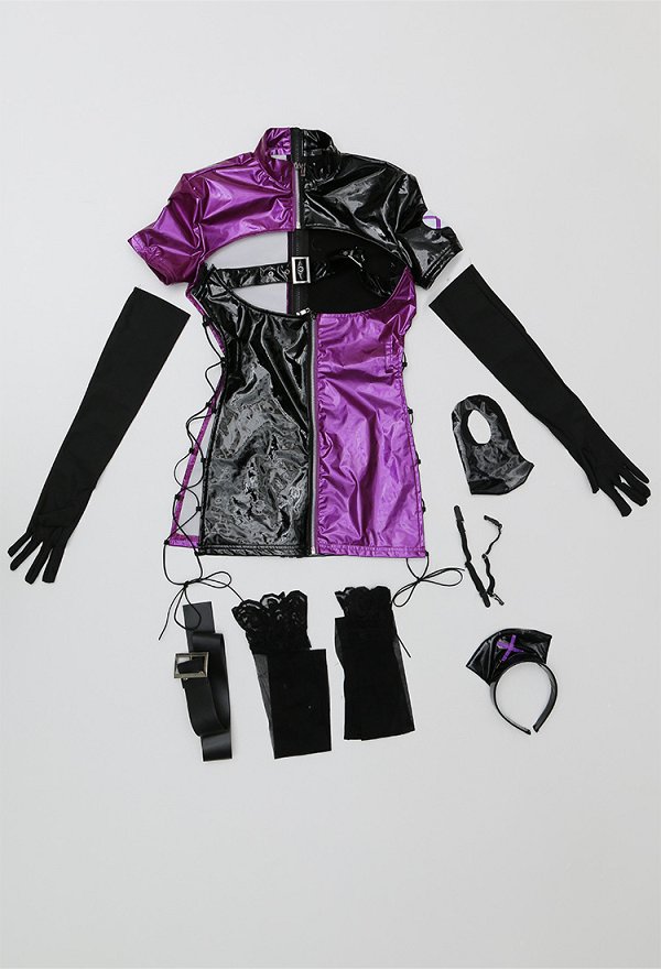 Sexy Nurse Krankenschwester Schwarz Lila Lingerie Brust Cutout Kleid Criss Cross Dessous mit Handschuhe Socken Makse Set