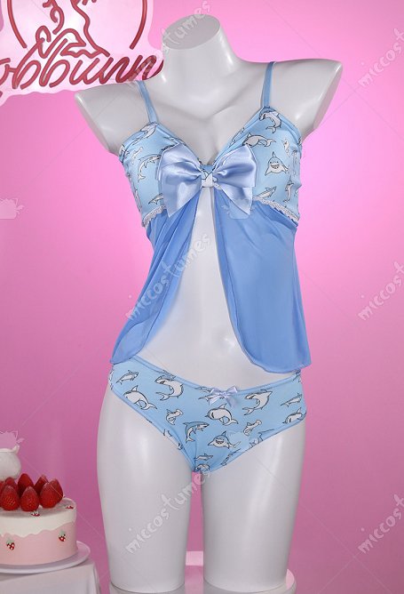 Blue Shark Vêtements de Nuit à Motif de Requin Bleu avec Nœud Papillon Sous-Vêtements de Lingerie Sexy Top et Culotte en Maille
