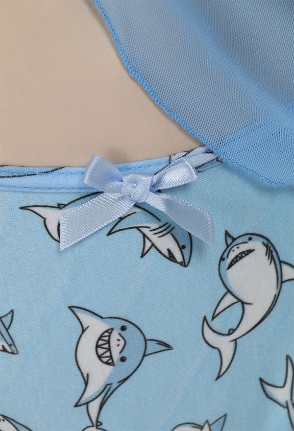 Pijama con Estampado de Tiburón Azul con Lazo Ropa Interior Sexy de Encaje Top de Malla y Braguita Pijama con Estampado de Tiburón Azul con Lazo Ropa Interior Sexy de Encaje Top de Malla y Braguita
