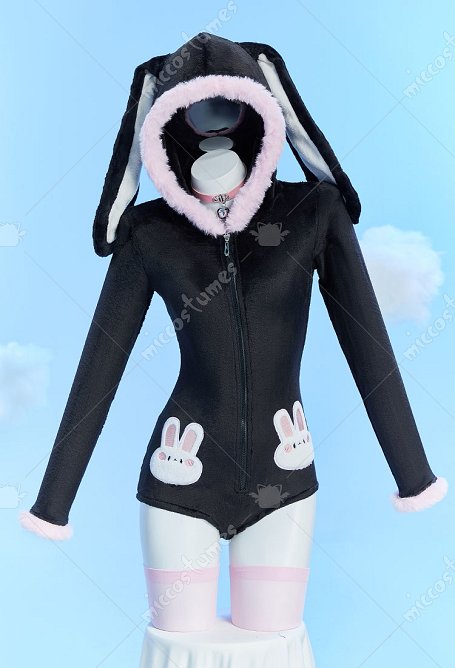 Disfraz de Cosplay Lindo Conejito Peludo con Mameluco Kawaii Lencería de Coneja Negra con Cola de Gargantilla y Cepas