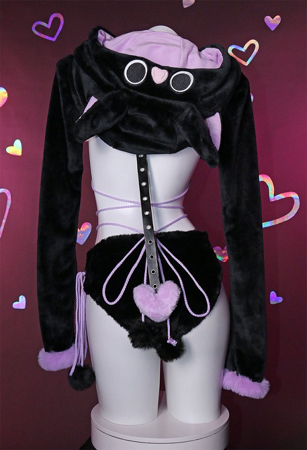 Sexy Lingerie Set Plush Bat Style Bra and Panty with Short Zipper Hoodie