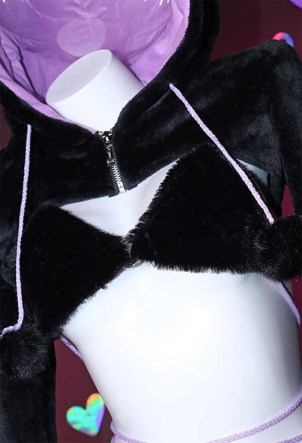 Sexy Lingerie Set Plush Bat Style Bra and Panty with Short Zipper Hoodie