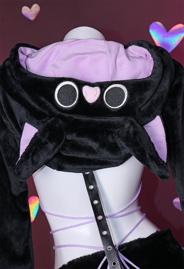 Sexy Lingerie Set Plush Bat Style Bra and Panty with Short Zipper Hoodie
