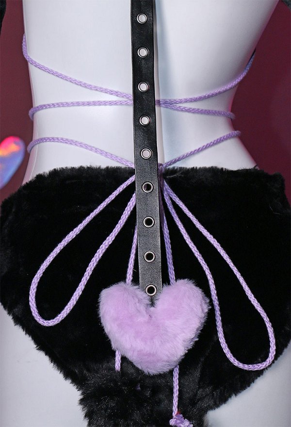 Sexy Lingerie Set Plush Bat Style Bra and Panty with Short Zipper Hoodie