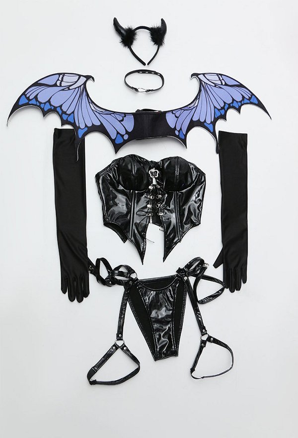 Little Devil Butterfly Sexy Lingerie Set Gothic Halter Lace-up Top and Thong with Wings and Gloves Little Devil Butterfly Sexy Lingerie Set Gothic Halter Lace-up Top and Thong with Wings and Gloves