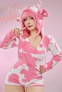 Lencería Sexy Mono Peludo ajustado y esponjoso con estampado de vaca rosa con capucha