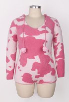 Plus Size Pink Milk Cow Pattern Fluffy Bodycon Romper Sexy Lingerie Furry Hooded Bodysuit Homewear
