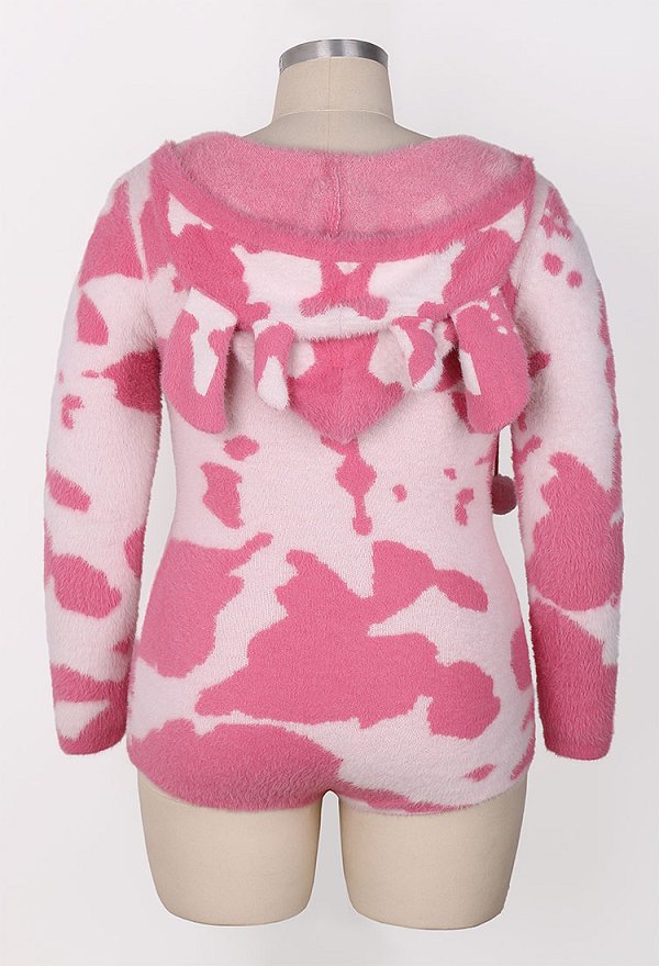 Plus Size Pink Milk Cow Pattern Fluffy Bodycon Romper Sexy Lingerie Furry Hooded Bodysuit Homewear