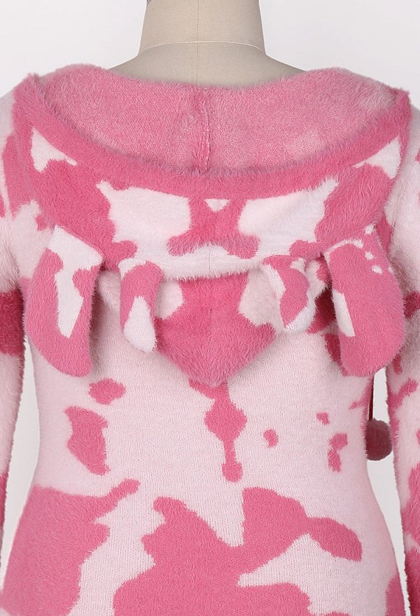 Plus Size Pink Milk Cow Pattern Fluffy Bodycon Romper Sexy Lingerie Furry Hooded Bodysuit Homewear