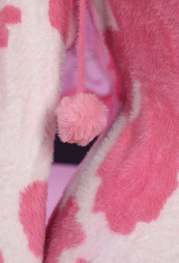 Lencería Sexy Mono Peludo ajustado y esponjoso con estampado de vaca rosa con capucha