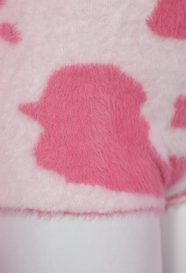 Lencería Sexy Mono Peludo ajustado y esponjoso con estampado de vaca rosa con capucha