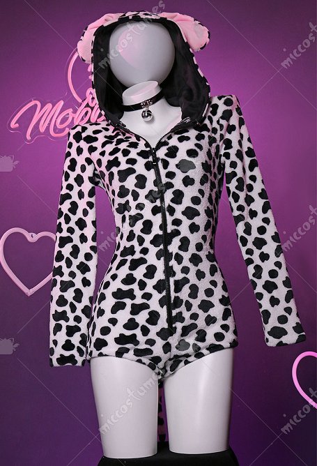 Kawaii Dalmatians Style Fluffy Bodycon Romper Black White Print Onesie Bodysuit Hooded Homewear Jumpsuit with Choker and Socks