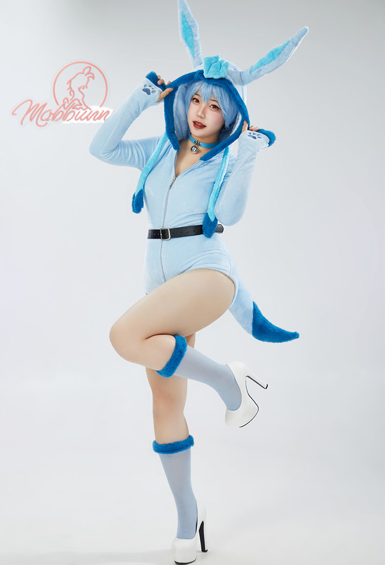 PM Derivative Bodysuit Blau Sexy Kawaii Lingerie mit Kapuze Dessous Ohr Schwanz Socken Gürtel Set