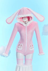 Cute Bunny Furry Bodycon Romper Kawaii Pink Rabbit Bodysuit with Choker Tail and Stocks