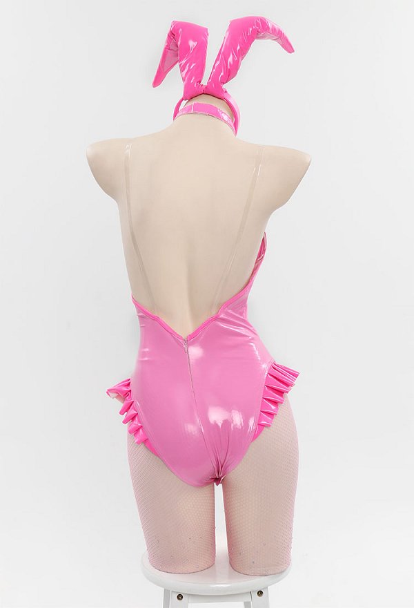 Derivado de melocotón Lencería sexy Bodysuit de conejito Traje de conejito rosa con diadema y medias