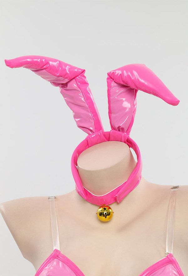 Derivado de melocotón Lencería sexy Bodysuit de conejito Traje de conejito rosa con diadema y medias