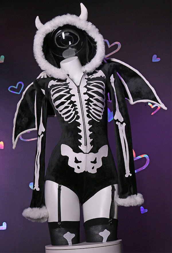 Sexy Lingerie Skeleton Bodysuit Gothic Skull Style Romper and Wings with Thigh Socks and Garters Sexy Lingerie Skeleton Bodysuit Gothic Skull Style Romper and Wings with Thigh Socks and Garters