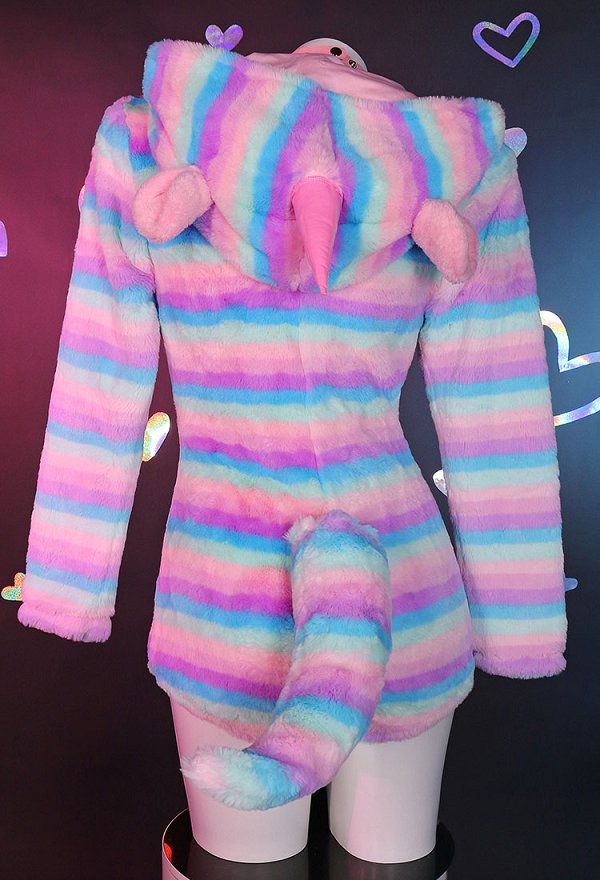 Kawaii Unicorn Fluffy Bodycon Romper Colorful Striped Print Onesie Bodysuit Hooded Homewear with Choker and Socks