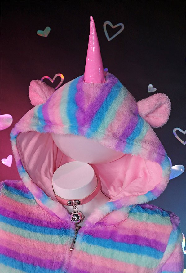 Kawaii Unicorn Fluffy Bodycon Romper Colorful Striped Print Onesie Bodysuit Hooded Homewear with Choker and Socks
