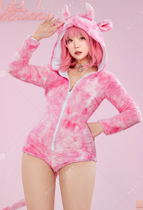 Lingerie Sexuelle de Style de Laitière Justaucorps à Capuche en Peluche Loungewear à Manches Longues avec Queue Bas et Tour de Cou