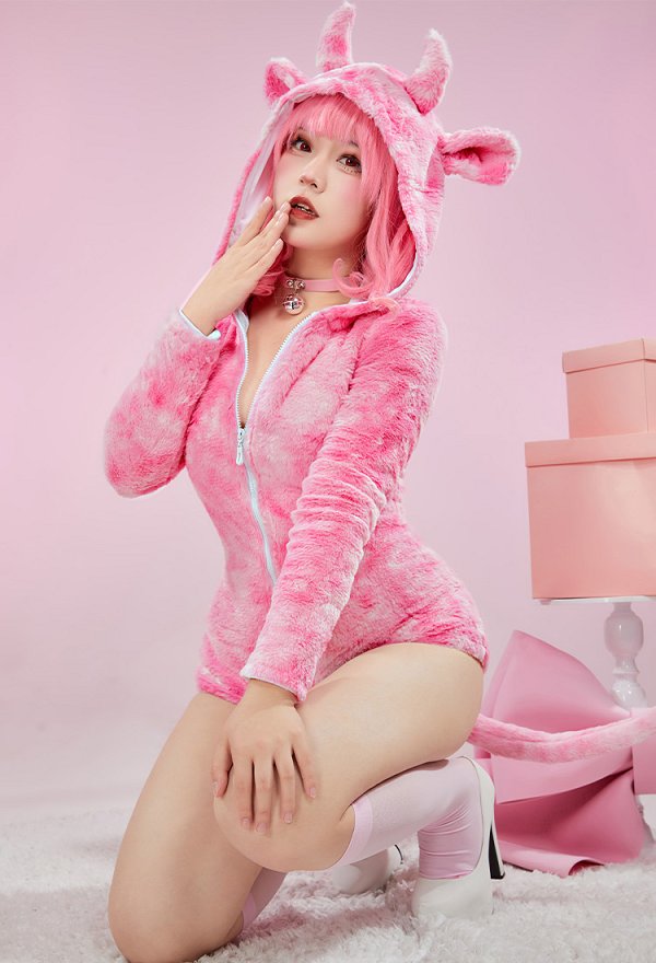 Cute Cow Furry Bodycon Romper Kawaii Pink Bodysuit with Choker and Tail Cute Cow Furry Bodycon Romper Kawaii Pink Bodysuit with Choker and Tail