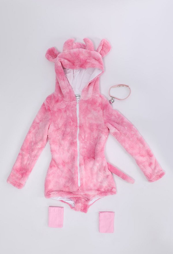 Cute Cow Furry Bodycon Romper Kawaii Pink Bodysuit with Choker and Tail Cute Cow Furry Bodycon Romper Kawaii Pink Bodysuit with Choker and Tail