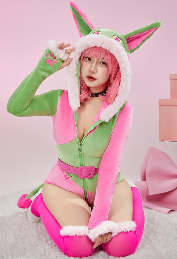 Plush Homewear Sexy Bodysuit Hooded Romper and Belt with Choker and Thigh Socks