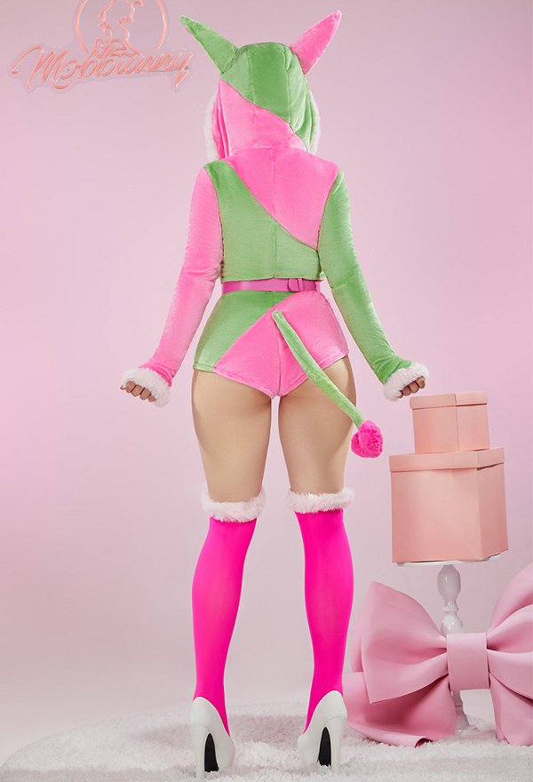 Plush Homewear Sexy Bodysuit Hooded Romper and Belt with Choker and Thigh Socks