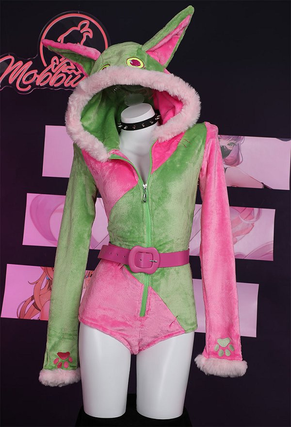 Plush Homewear Sexy Bodysuit Hooded Romper and Belt with Choker and Thigh Socks