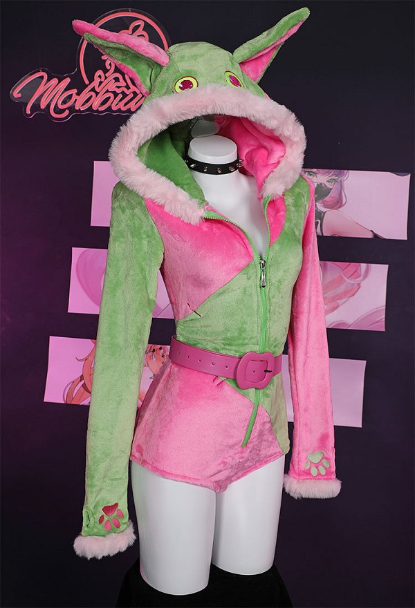 Plush Homewear Sexy Bodysuit Hooded Romper and Belt with Choker and Thigh Socks