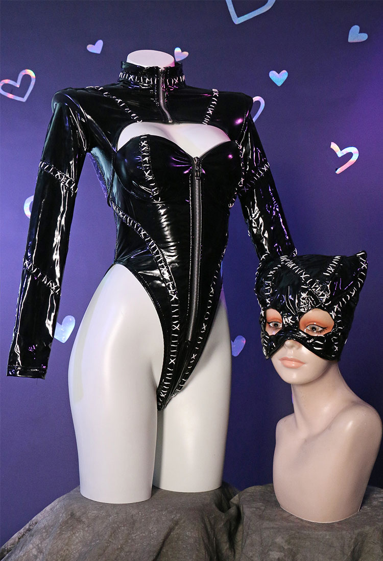 Super Heroine Derivative Sexy Halloween Schwarz Bodysuit Lingerie High Cut V Ausschnitt Dessous mit Kopfbedeckung Handschuhe Socken