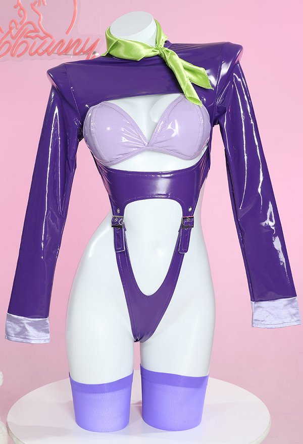 Daphne Derivative Sexy Lencería Traje Traje Body Hueco Púrpura y Manga Larga Crop Top con Falda de Sujetador