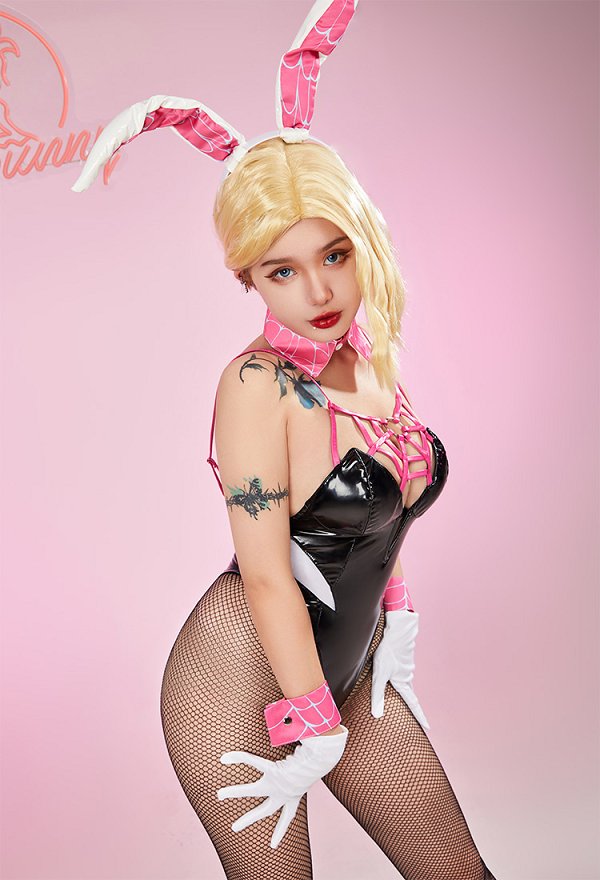 Disfraz de Cosplay Derivative Sexy Bunny Costume Halter Spiderweb Bunny Girl Bodysuit Outfit con Guantes de Diadema Pantimedias de Malla