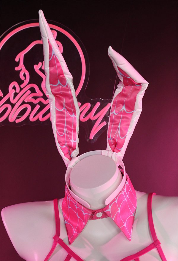 Disfraz de Cosplay Derivative Sexy Bunny Costume Halter Spiderweb Bunny Girl Bodysuit Outfit con Guantes de Diadema Pantimedias de Malla