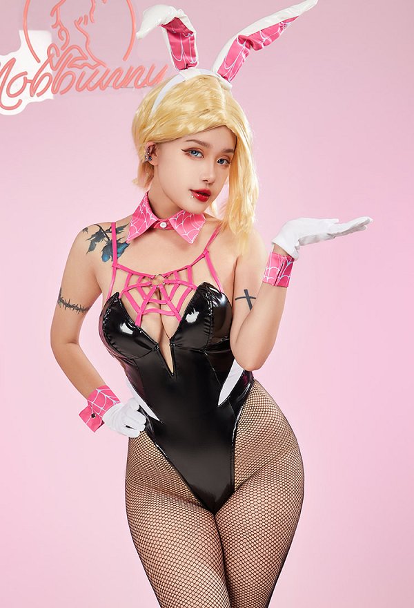 Disfraz de Cosplay Derivative Sexy Bunny Costume Halter Spiderweb Bunny Girl Bodysuit Outfit con Guantes de Diadema Pantimedias de Malla