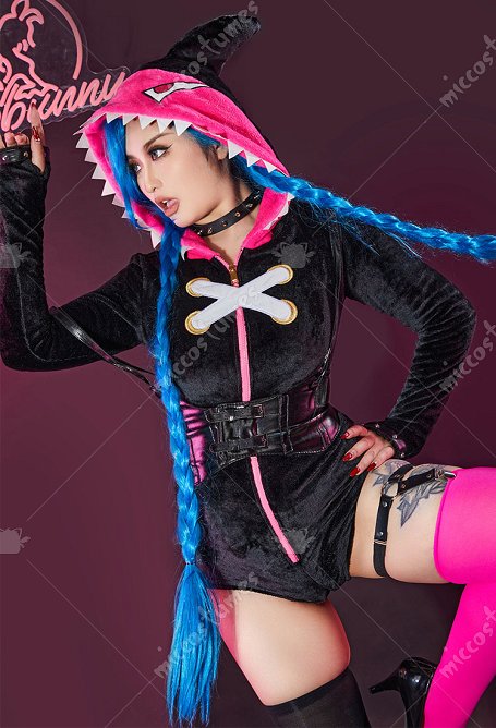 LOL Sexy Lingerie Set Plush Hooded Bodysuit Homewear and Thigh Socks with Choker
