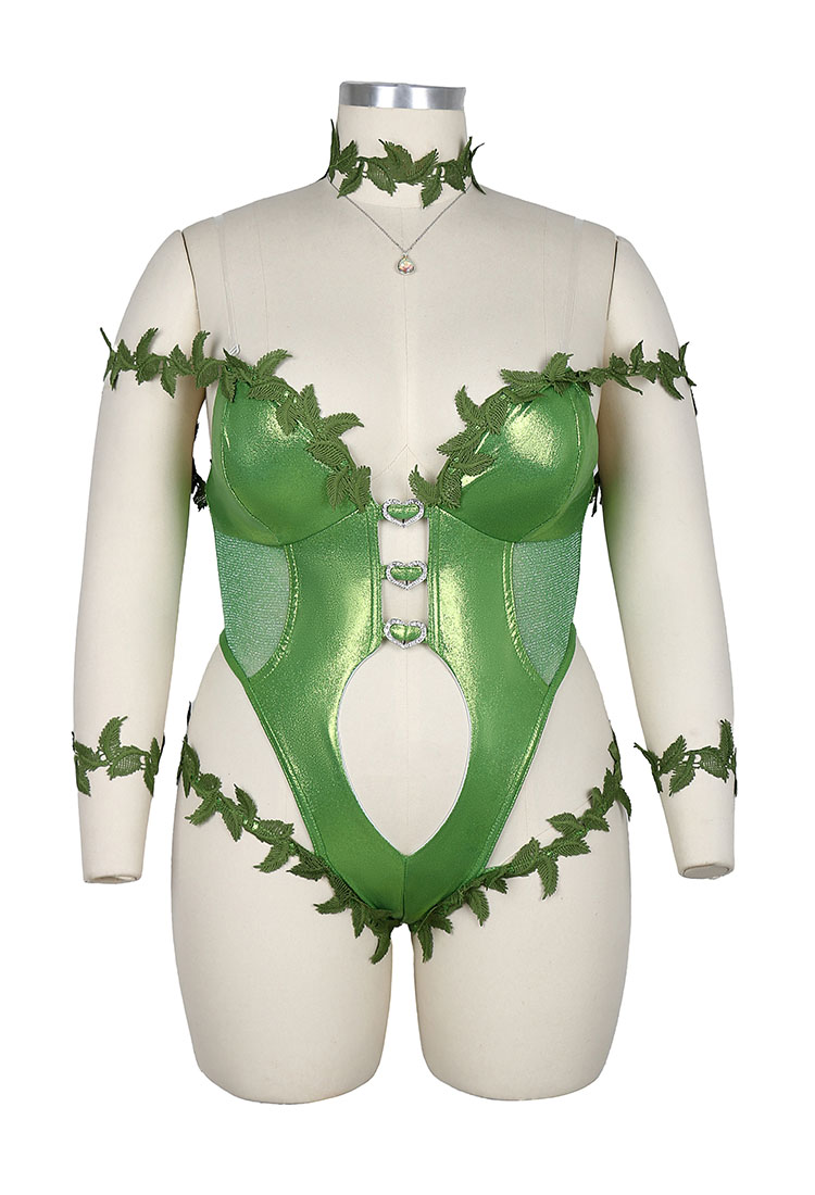 Talla Plus Conjunto sexy inspirado en superhéroe Poison Ivy: body estilo enredaderas con guantes y collar