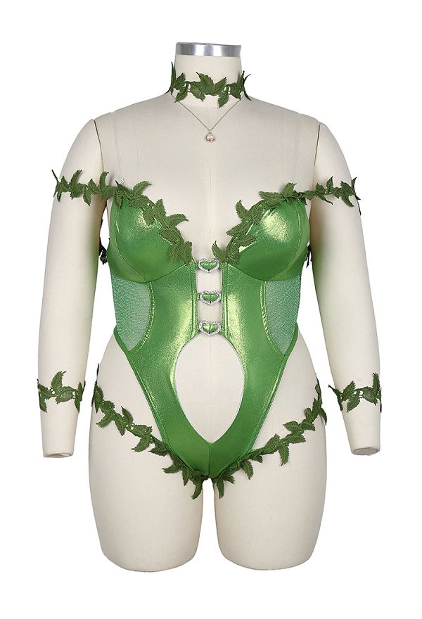 Talla Plus Conjunto sexy inspirado en superhéroe Poison Ivy: body estilo enredaderas con guantes y collar