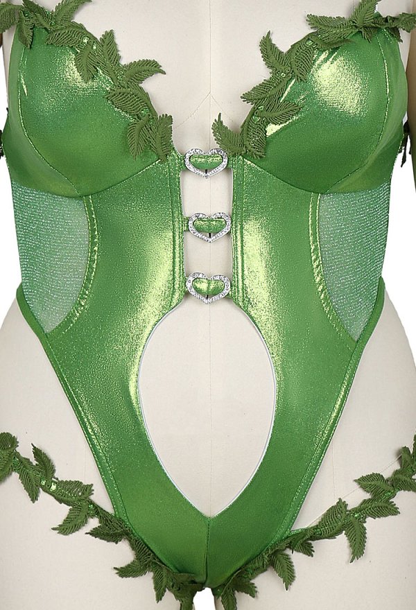 Talla Plus Conjunto sexy inspirado en superhéroe Poison Ivy: body estilo enredaderas con guantes y collar