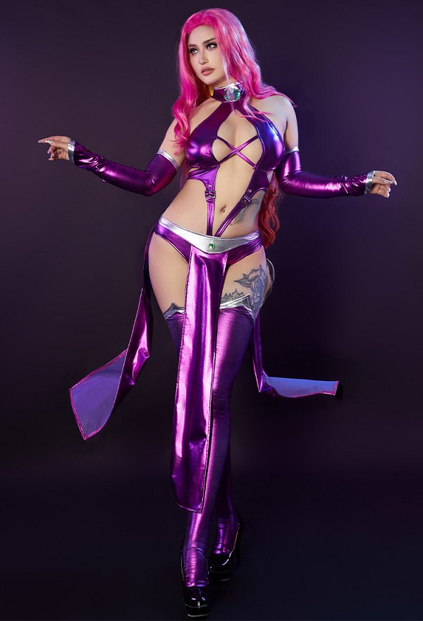 Starfire Derivative Sexy Lingerie Costume Outfit Purple Halter Cutout Bodysuit with Sleeves Stockings