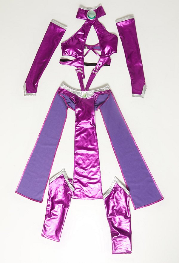 Starfire Derivative Sexy Lingerie Costume Outfit Purple Halter Cutout Bodysuit with Sleeves Stockings